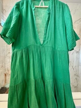 Anthropologie Green Gauze Tiered V-Neck Midi Dress/Cover up